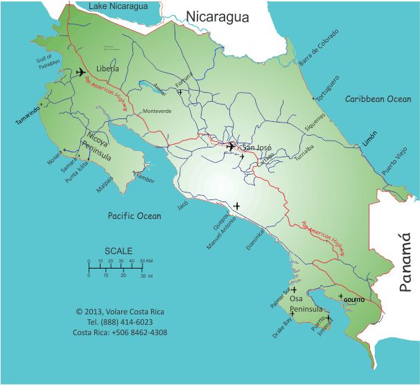 Map of Costa Rica with major roads