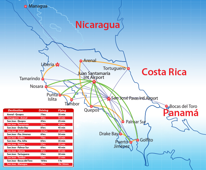 NatureAir map of Costa Rica destinations via internal flights